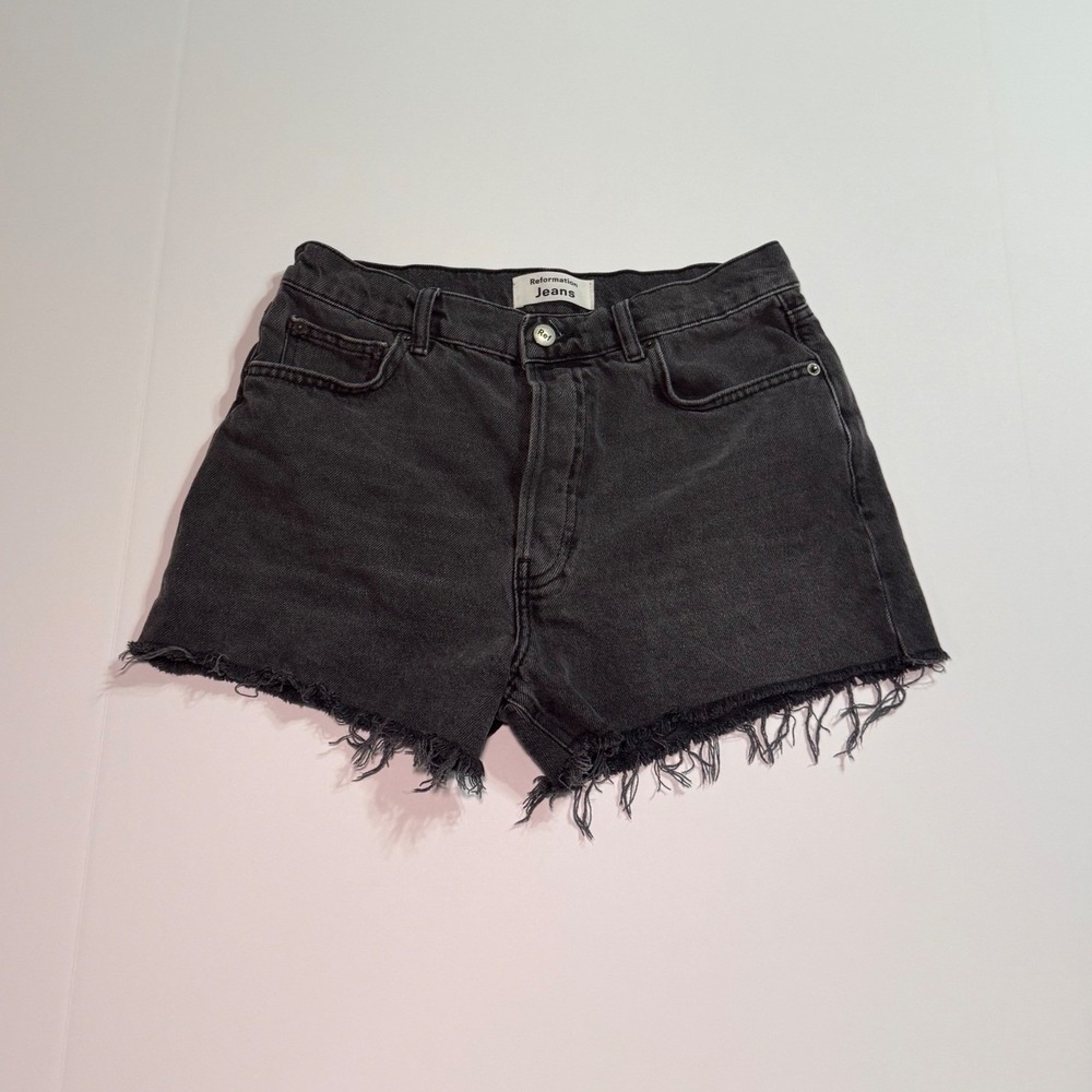 Reformation Jeans Seine High Waisted Frayed Raw Hem Denim Shorts Black Size 27